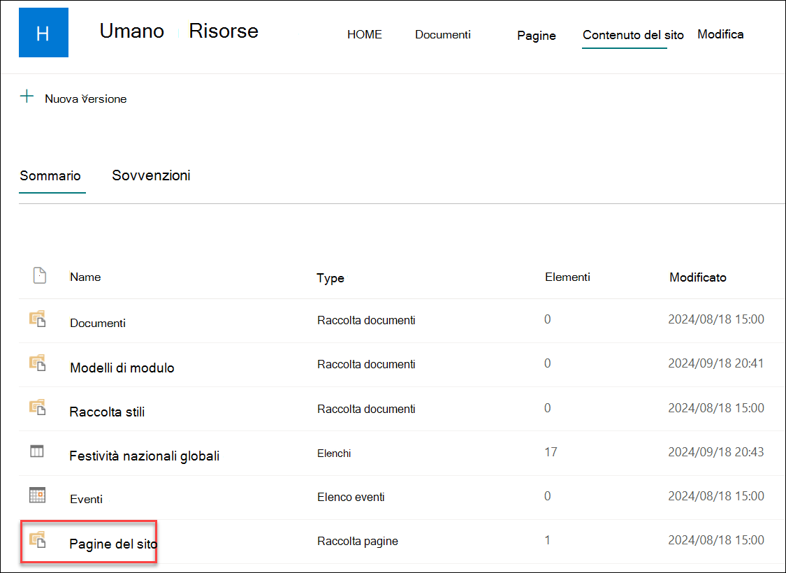 screenshot delle pagine del sito