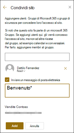 Anteprima del pannello Condividi sito.