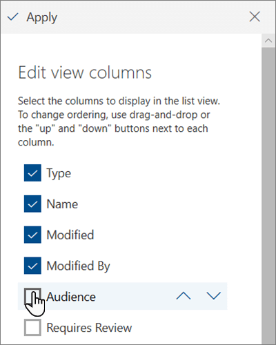 Riquadro Modifica colonne visualizzazione nella versione moderna di SharePoint Online