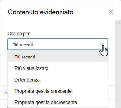 Opzioni ordina per per la web part Contenuto evidenziato nell'esperienza moderna di SharePoint