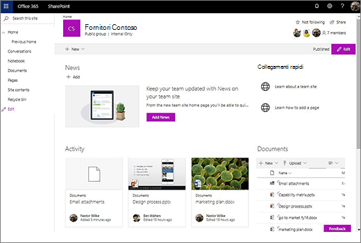 Mostra il sito del team dopo aver connesso un nuovo gruppo di Office 365 e include collegamenti al vecchio sito del team.
