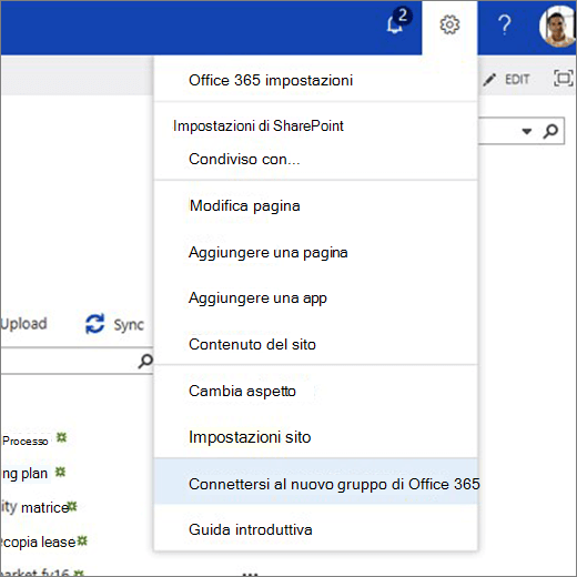 Questa immagine mostra il menu dell'icona a forma di ingranaggio e l'opzione Connetti al nuovo gruppo di Microsoft 365 selezionata.