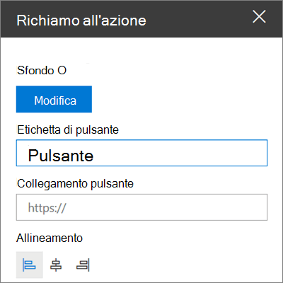 Casella degli strumenti per la web part Invito all'azione per i siti di SharePoint, che mostra come personalizzare il collegamento, il pulsante e l'allineamento della web part