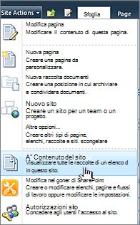 Visualizza tutto il contenuto del sito nel menu Azioni sito