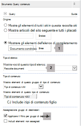 Elenco proprietà web part Query contenuto con tre callout