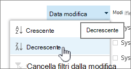 Menu di ordinamento a discesa in un'intestazione di colonna