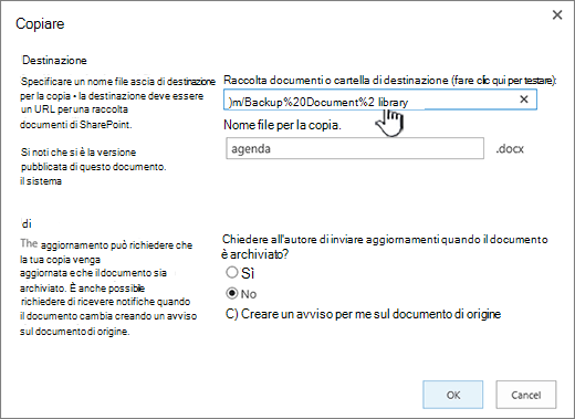 Finestra di dialogo Copia con l'URL selezionato.
