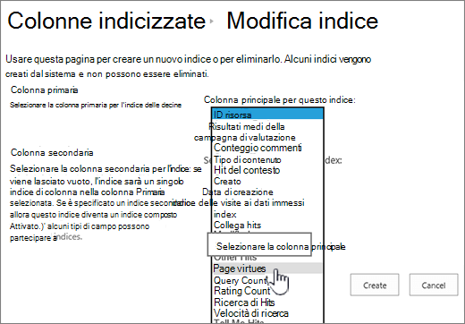 Pagina Di modifica indice con la colonna selezionata nella casella di riepilogo a discesa
