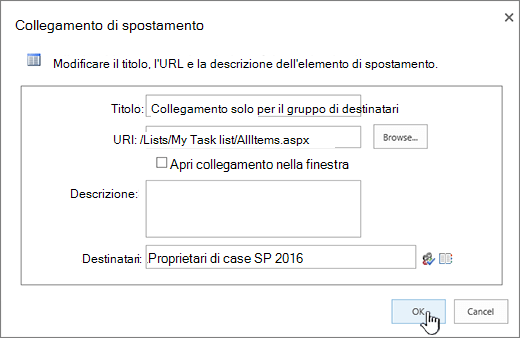 Proprietà del collegamento di spostamento con OK evidenziato.