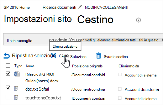 Pagina del Cestino di SharePoint 2016 con il pulsante Elimina evidenziato
