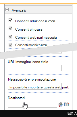 Sezione Avanzate di Proprietà della web part con Destinatari evidenziato