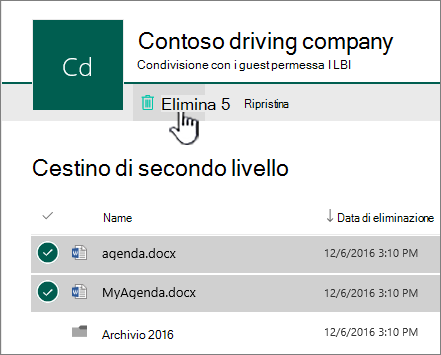 Cestino di secondo livello di SharePoint Online con pulsante Elimina evidenziato
