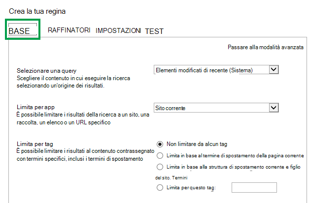 Scheda GENERALE durante la configurazione di una query in una web part Ricerca contenuto