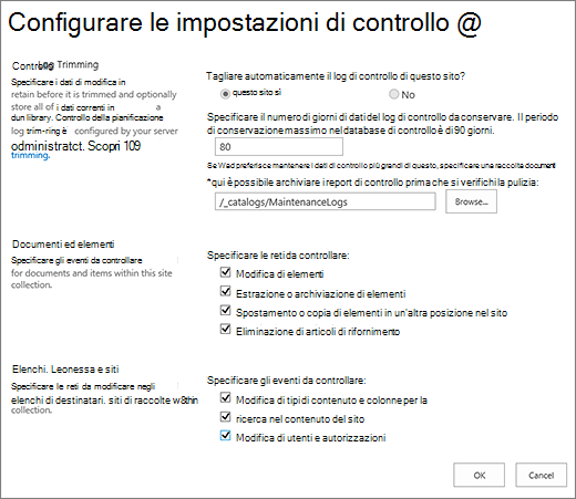 Schermata delle impostazioni di controllo della raccolta siti