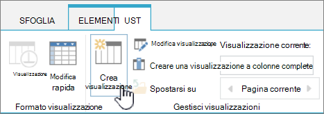 Pulsante Crea visualizzazione della raccolta di SharePoint sulla barra multifunzione.