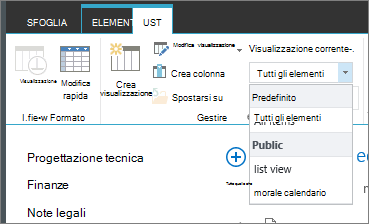 Elenco a discesa delle visualizzazioni Elenco correnti