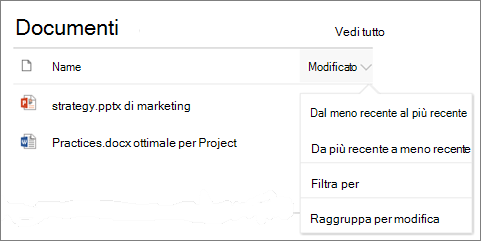 Web part Raccolta documenti con il menu Ordina, Filtra e Raggruppa