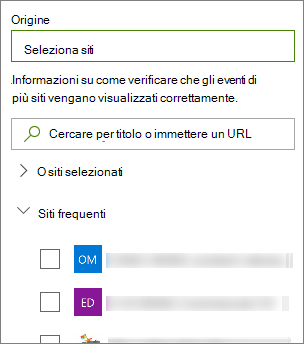 Selezionare un'origine per Eventi