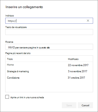 Finestra di dialogo Inserisci collegamento