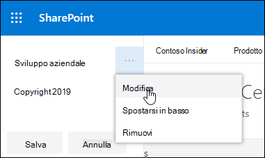 Modificare un collegamento o un'etichetta esistente in un piè di pagina in un sito di comunicazione di SharePoint.