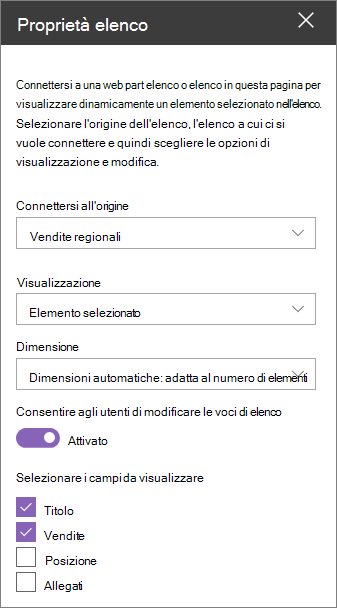 Riquadro web part Proprietà elenco