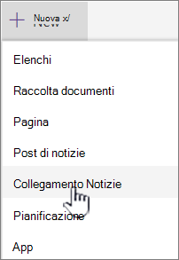 Selezionare il collegamento Notizie dal menu + Nuovo
