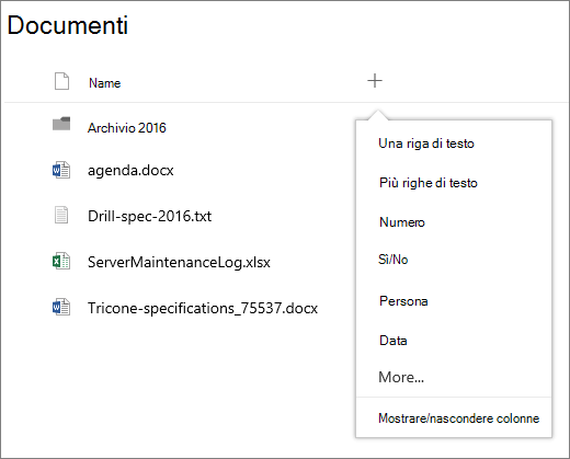 Elenco a discesa Aggiungi colonna in una raccolta documenti connessa al gruppo