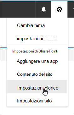 Menu Impostazioni con Impostazioni elenco evidenziato