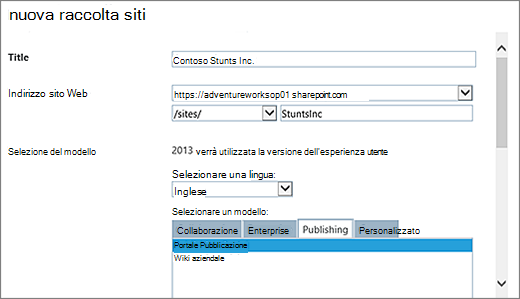 Finestra di dialogo Nuova raccolta siti (metà superiore) con l'opzione Portale di pubblicazione evidenziata