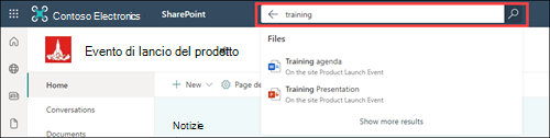 Casella di ricerca del sito del team