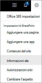 Menu Impostazioni con l'opzione Informazioni sito selezionata