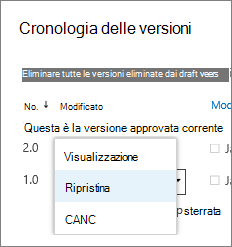 Voci di menu in Cronologia versioni