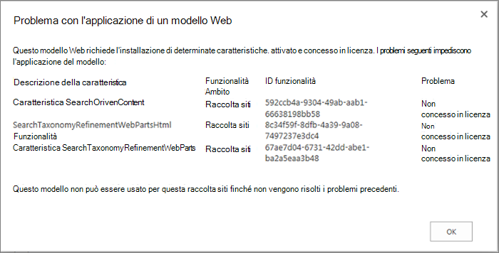 Screenshot di un messaggio di errore che potrebbe essere visualizzato se una o più caratteristiche non disponibili impediscono la creazione di un sito in SharePoint Online.