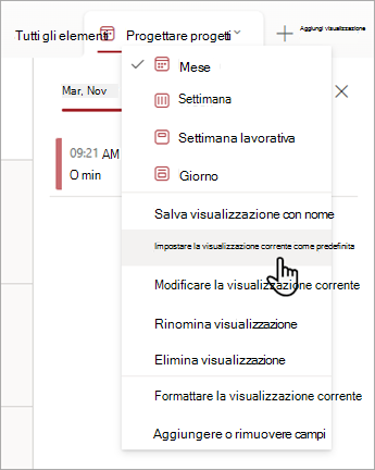Screenshot che mostra come scegliere il comando Imposta visualizzazione corrente come predefinito in Elenchi.