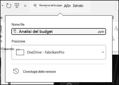 Menu a discesa del titolo del documento in Word per Office 365