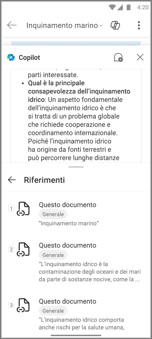 Screenshot di Copilot in Word nel dispositivo Android con la risposta riferimenti per Copilots