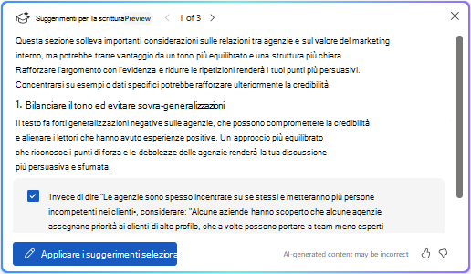 Opzione Applica suggerimenti selezionati in Copilot in Word