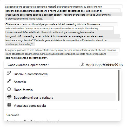 Opzione Suggerimenti per la scrittura in Copilot in Word