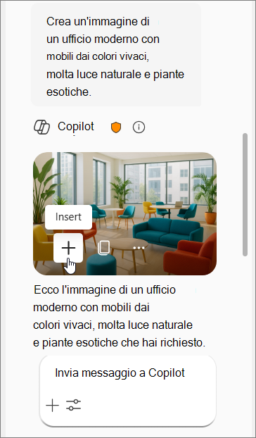 Mostra un prompt di Copilot per un'immagine di un ufficio moderno con mobili colorati, luce naturale e piante esotiche, seguito da quattro immagini.
