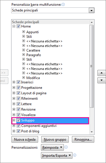 Attivazione della scheda Sviluppo sulla barra multifunzione di Word