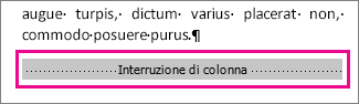 Selezione di un'interruzione di colonna con l'opzione Mostra formattazione attivata