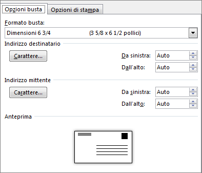 Scheda opzioni busta per l'impostazione del formato della busta e del tipo di carattere dell'indirizzo