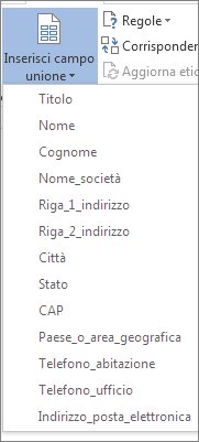 Menu Inserisci campo unione dei campi disponibili