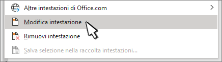Opzione Modifica intestazione selezionata nella finestra di dialogo Intestazione