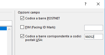 Sezione Opzioni dei codici di campo