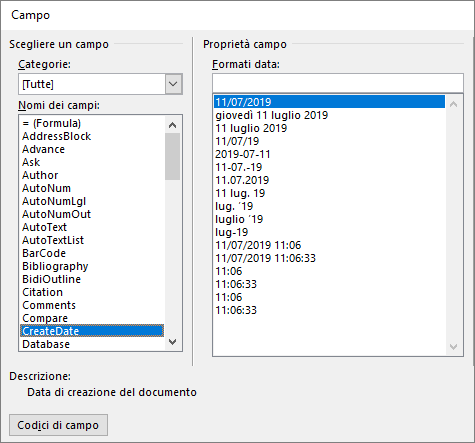 Proprietà e categorie di selezione dei campi