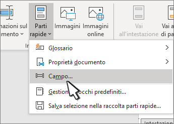 Menu Parti rapide con Campi evidenziato