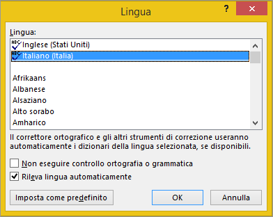 Finestra di dialogo Lingua