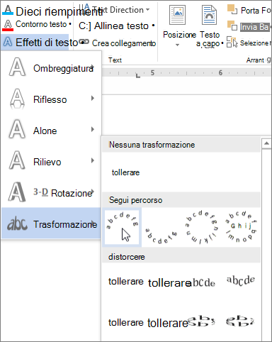 Selezione di un effetto di testo con trasformazione curva
