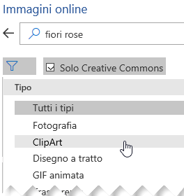 Selezionare il pulsante Filtro e quindi scegliere un'immagine ClipArt